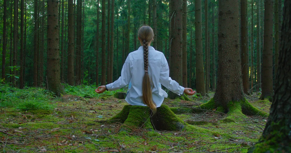 Méditation profonde en forêt, vue de dos — stage Souffle & Silence dans le Lot